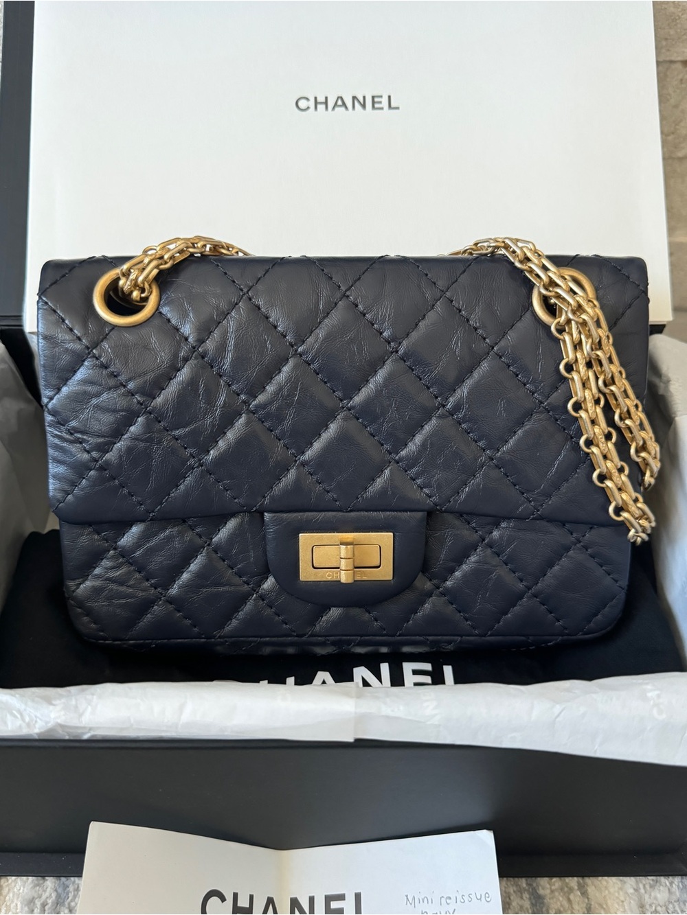 Chanel Navy Blue Mini Reissue Bag - Quilted Aged Calfskin Leather Gold Hardware